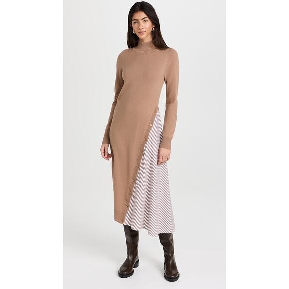 Naadam xs 0-2 Caramel Asymmetrical Wool Cashmere Hybrid Turtleneck Midi Dress - Picture 1 of 8
